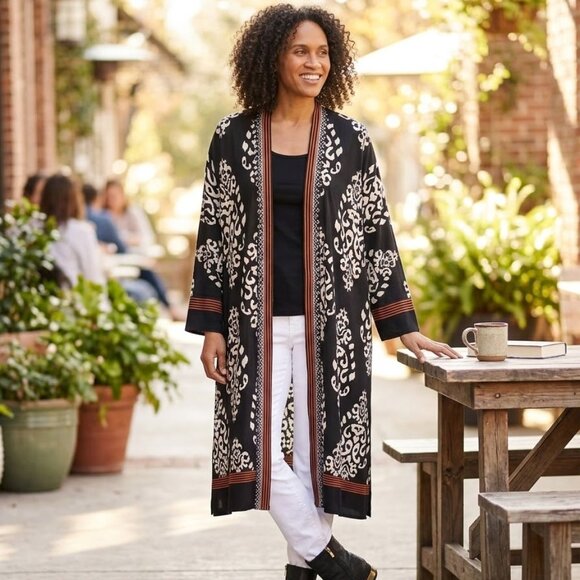 Chico's Sweaters - NWOT Chico's Bold Motif Printed Chiffon Kimono Boho Chic Artsy Duster L/XL